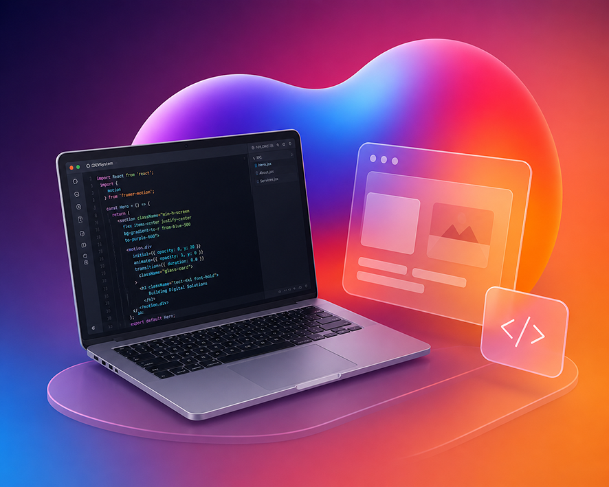 Laptop with code beside glass interface artwork